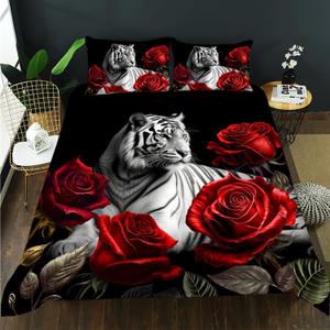 AILONEN 3D Tiger Duvet Cover Set Queen Size, Red Rose Comforter Cover for Women Men,Wild Animal Flowers Bedding Set,Romantic Floral Duvet Cover,1 Quilt Cover and 2 Pillowcases,3 PCS