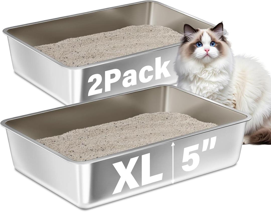 Stainless Steel Litter Box 2 Pack, XLarge Metal Litter Box | Easy Clean Non Stick Easy Entry No Smell Steel Litterbox for Kitty/Cats