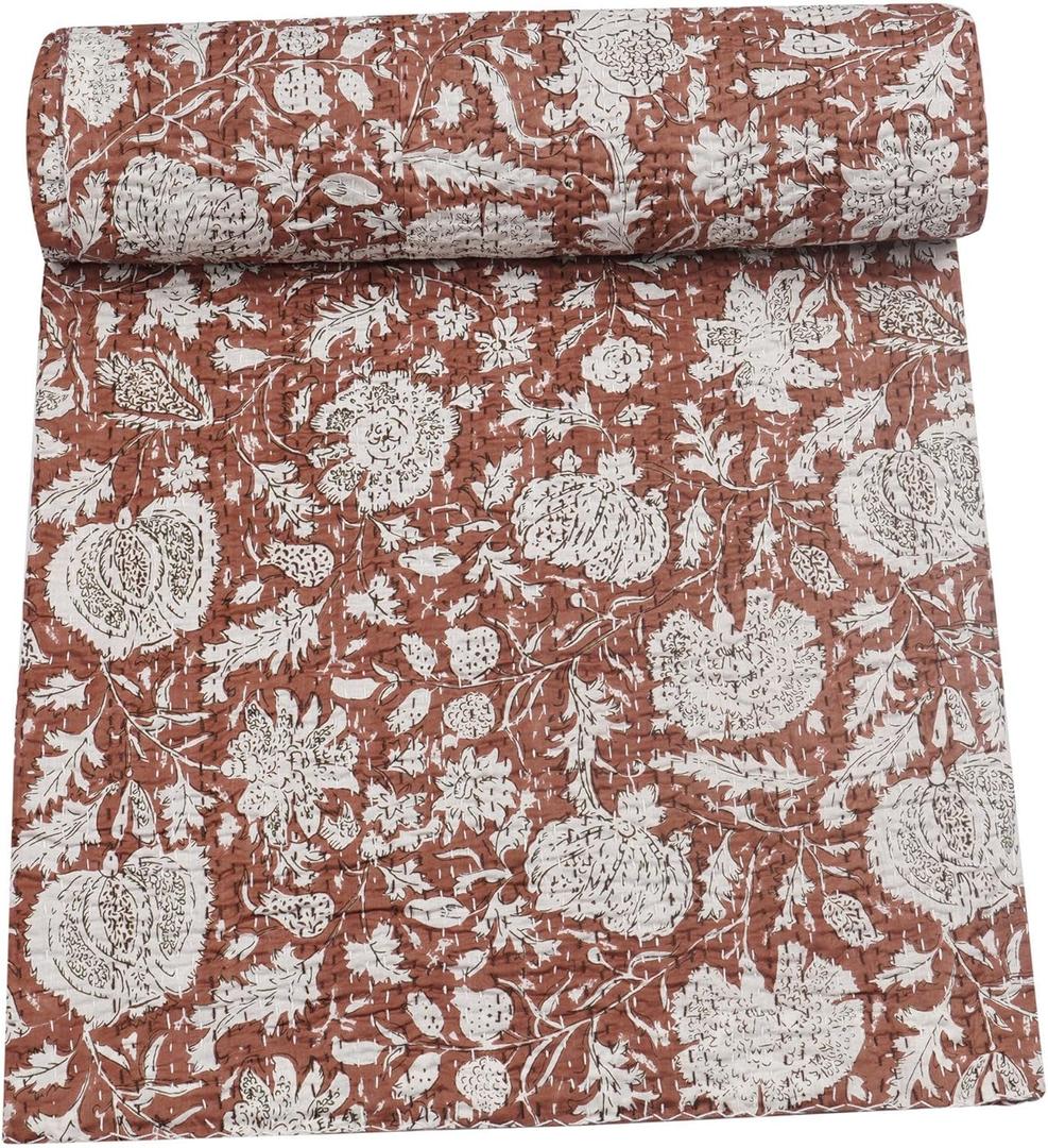Marubhumi Indian Handmade Traditional Hippie Floral Print Kantha Quilt Indian Cotton Bedding Throw Blanket Bespread Hand Stitched with Love (Brown, Twin (60"x 90"))