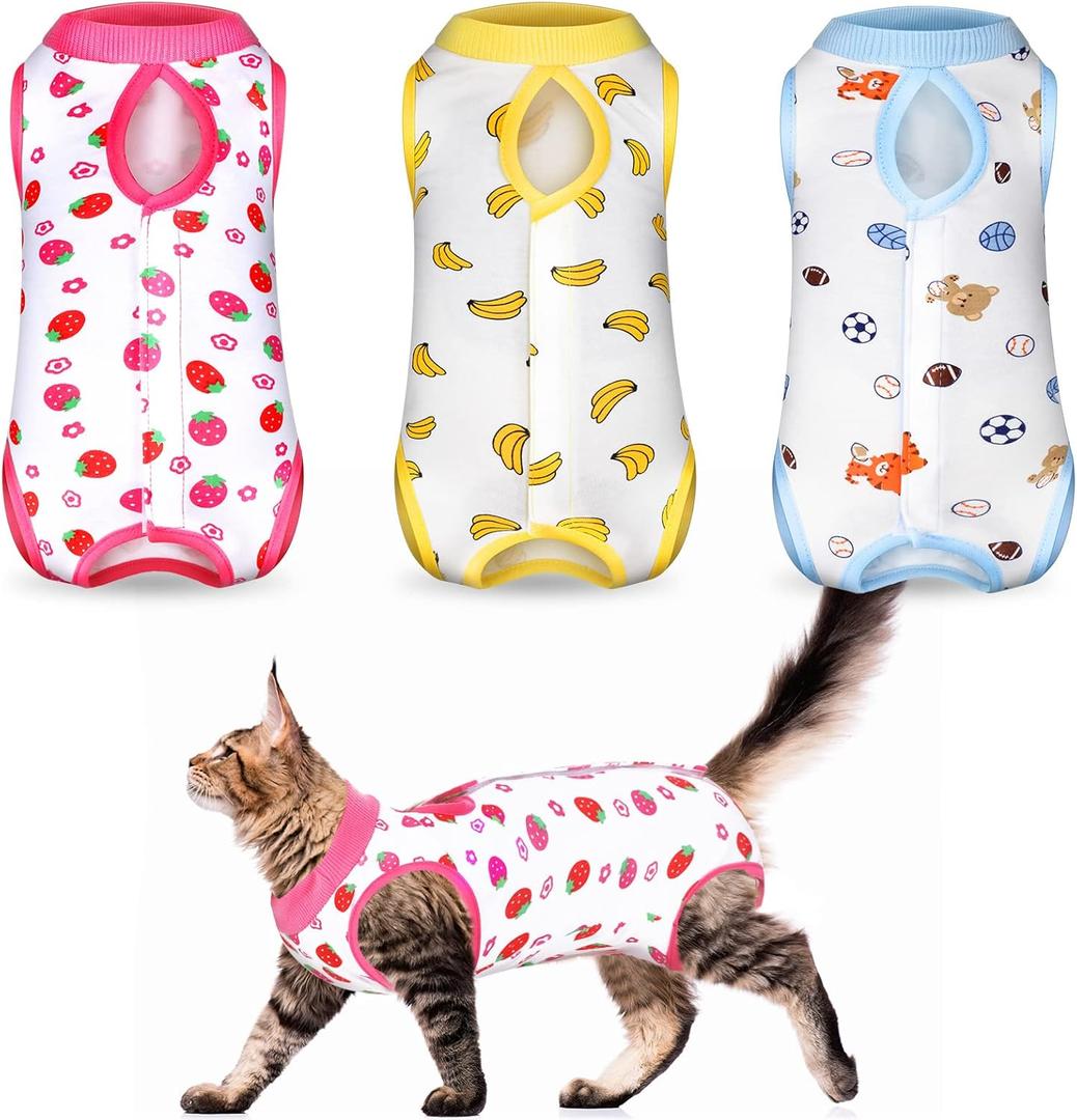 Nuanchu 3 Pieces Cat Recovery Suit Kitten Recovery Suit E-Collar Alternative for Cats and Dogs Abdominal Skin Anti Licking Pajama Clothes Sets, Medium,Strawberry Style