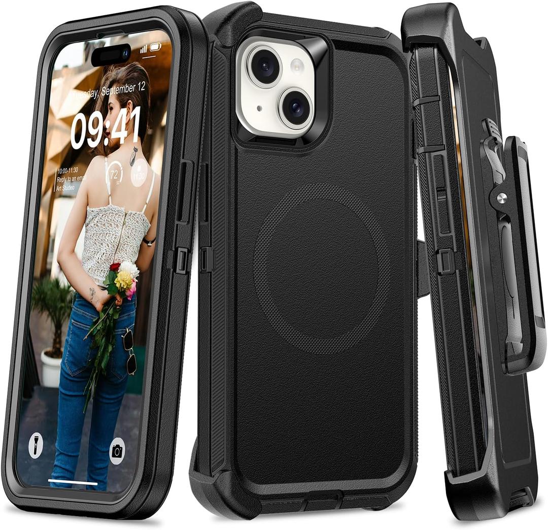 TUTUKII Compatible with iPhone 14 Plus&15 Plus Case with Belt Clip Holster, Military Grade Shockproof, Compatible with MagSafe, 3-Layer, Heavy Duty Magnetic Phone Case Cover, 6.7", Black