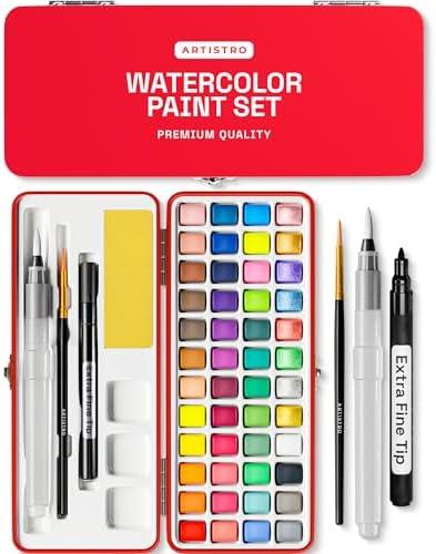 ARTISTRO Watercolor Paint Set in Portable Box, Includes Metallic and Fluorescent Paints, 2 x Brushes, Watercolour Paper, Acrylic Markers, Travel kit for Artist and Beginners