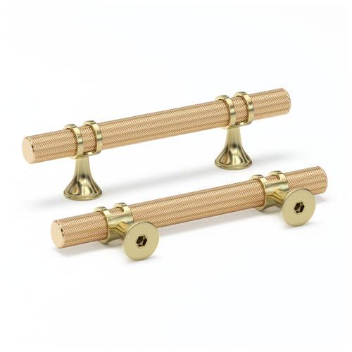 Haliwu 5 Pack Gold Cabinet Pulls, 3 inch Knurled Cabinet Pulls, Champagne Gold Handles Brushed Brass Handles for Dresser, Kitchen Hardware Drawer Knobs