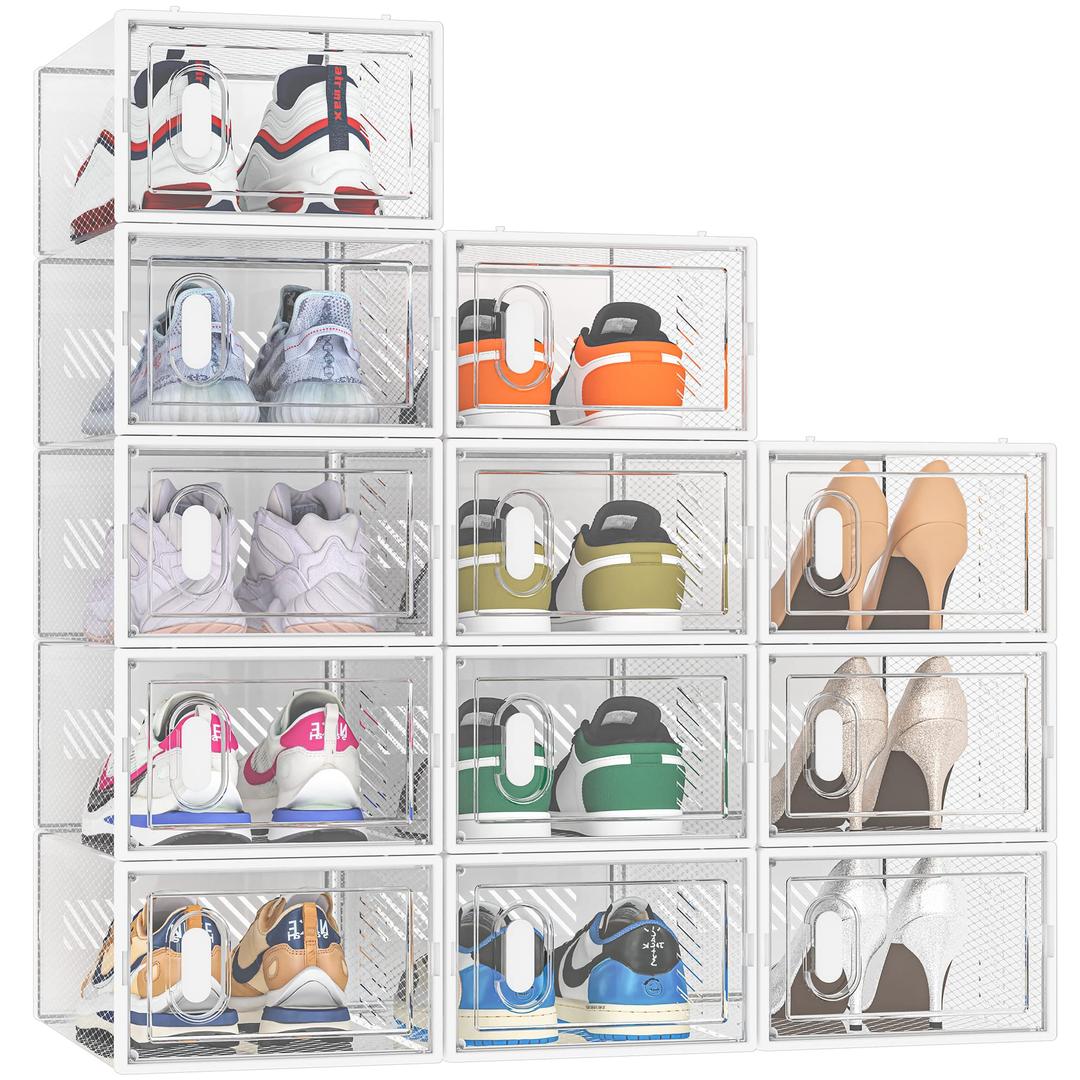 Shoe Storage, 12 Pack Shoe Organizer for Closet, Shoe Boxes Clear Plastic Stackable Shoe Containers with Lids for Size 10