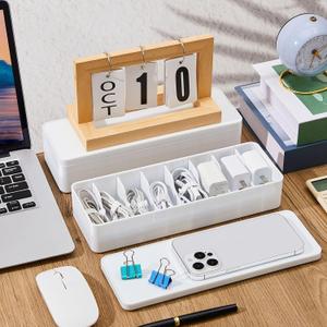 Tatuo 4 Pcs Cable Organizer with 40 Wire Ties, White Plastic Cord Charger Storage Box with White Lid for Home Office Desk Organization and Accessories (2xWhite, 2xClear)