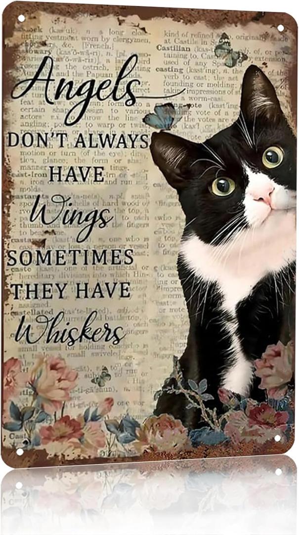 3 x Tuxedo Cat Wall Art - "Angels Don't Always Have Wings" Metal Sign - Ideal Present for Cat Enthusiasts 12 x 8 Inch (3002)