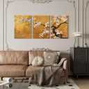 3 Pcs Framed Japanese Golden Plum Blossom Flower Wall Art Decor Canvas Print Picture Traditional Woodblock Print Style Farmhouse Poster Gallery Bedroom Living Room Office 16x24 Inch Ready to Hang