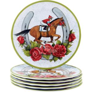 Derby Day at the Races Set of 6 Melamine Salad Plates Add festive flair to your Derby Day celebration with 6 durable melamine salad plates featuring colorful racing silks, horseshoes, and charm. Derby Day at the Races Set of 6 Melamine Salad Plates Add festive flair to your Derby Day celebration with 6 durable melamine salad plates featuring colorful racing silks, horseshoes, and charm.