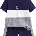 Floerns Boy's 2 Piece Outfit Striped Colorblock Short Sleeve T Shirts with Track Shorts Set, 9 years old