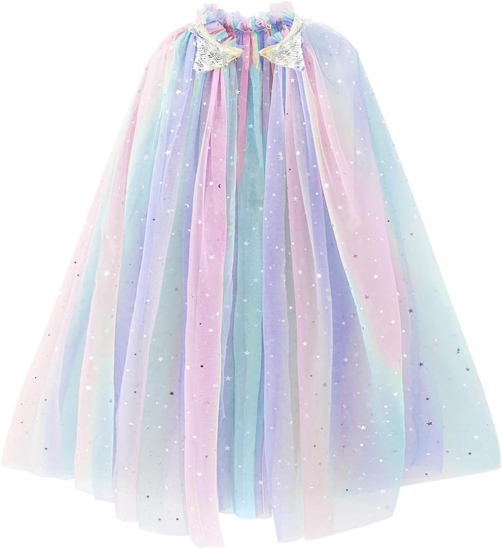 PHOGARY Princess Cape Colorful Princess Cloak, Sparkling Sequins Tulle Cape Carnival Birthday Party Cosplay Costume Fancy Dress Princess Dress Up for Girls（70 cm）