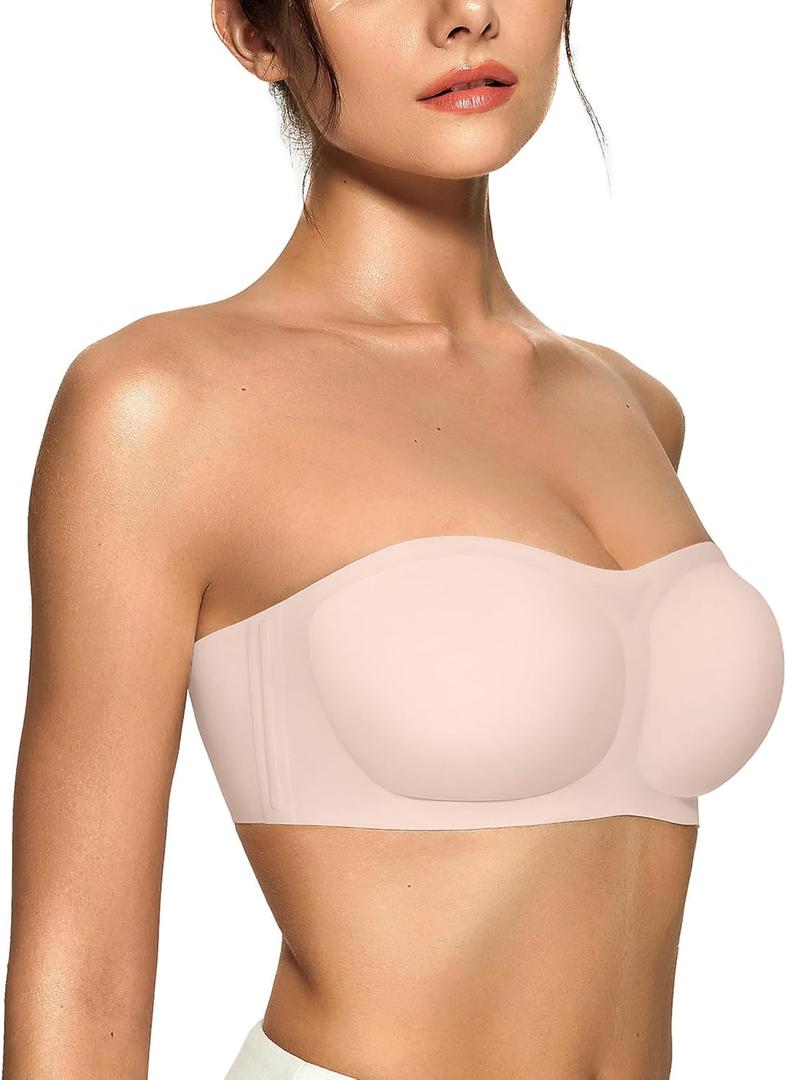 OEAK Womens Strapless Bras Push Up Bandeau Bra Non Slip Wireless Supportive Padded Bras Seamless Comfortable Tube Bra S Nude Skin