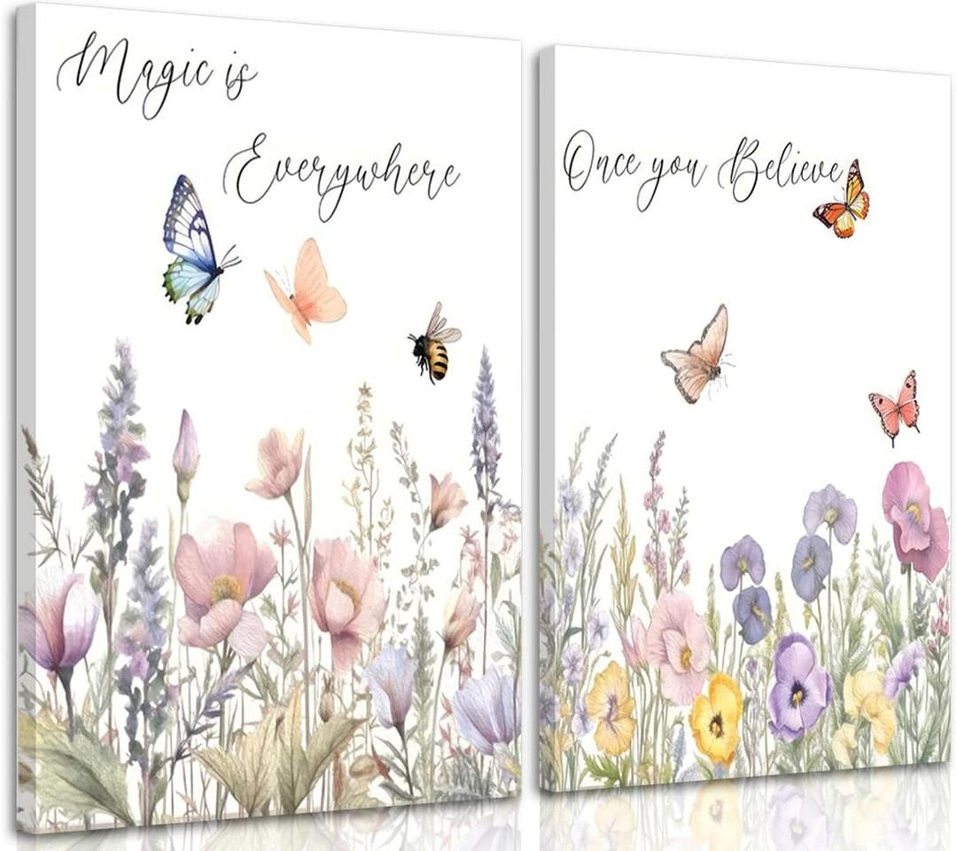 2Pcs Wildflower Nursery Canvas Wall Art Inspirational Floral and Plant Paintings Decorative Paintings Boho Girl Nurseries Poster Print Artwork Nursery Baby Room Living Room Bedroom Home Decoration