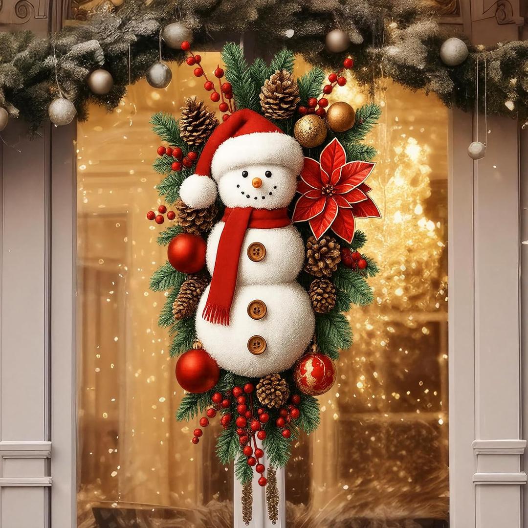 20" Christmas Teardrop Swags Snowman Wreaths Decorations with Poinsettia Red Berries Pinecone Ball Ornaments Artificial Pine Needles for Winter Front Door Indoor Outdoor Window Decor