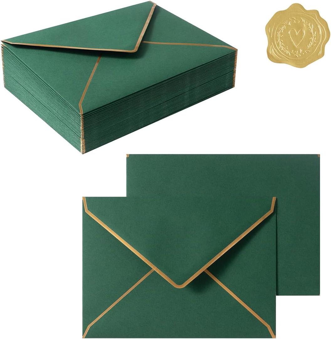 50 Pieces A7 Envelopes with Gold Border, 5.24 x 7.21 Inches Envelopes with Gold Stickers for Greeting Cards and Invitation (Dark Green, A7-5x7)