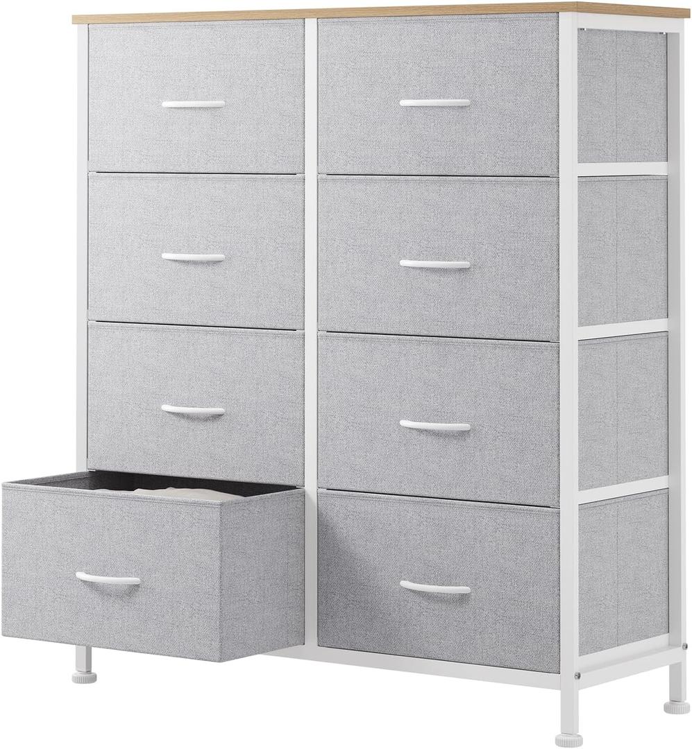 Sweetcrispy 8 Drawer Fabric Dresser for Bedroom, Tall Dresser, Light Grey
Chest of Drawers with Sturdy Steel Frame and Wooden Top, Closet Living Room Storage Organizer with Easy Pull Handles