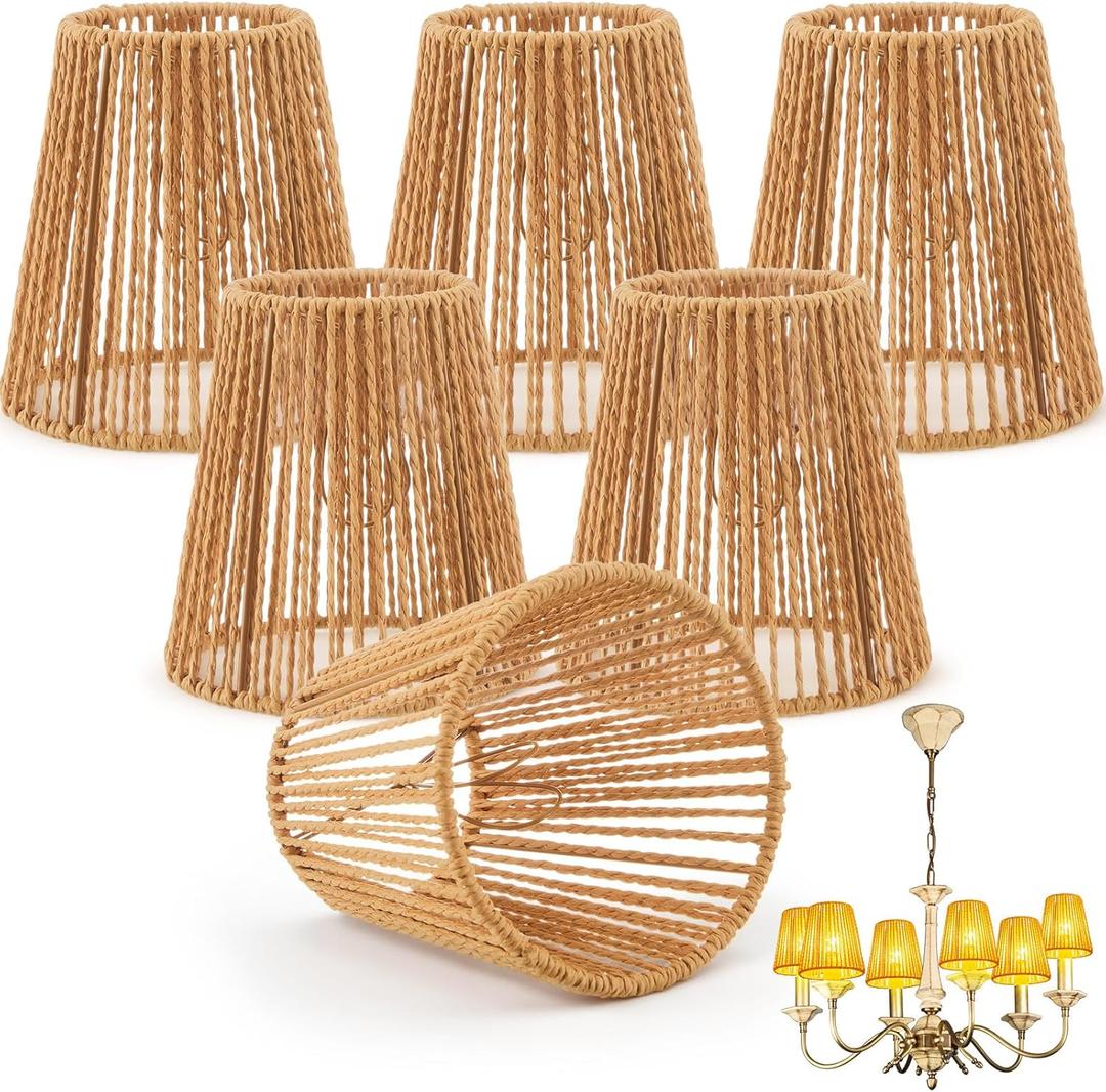 Riakrum 6 Pcs Chandelier Lamp Shades Set Small Lamp Shade for Pendant Wall Ceiling Lights Candle Bulbs Clip on Fitter Lampshade(Rattan)