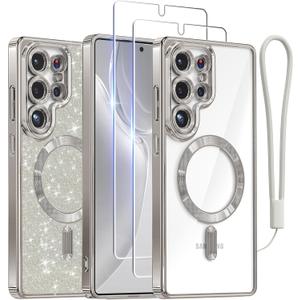 Meifigno Case Designed for Samsung Galaxy S25 Ultra 6.9 inch, [Compatible with MagSafe] [2X HD Screen Protectors] [Glitter Card & Wrist Strap] Full Lens Protection Case for Galaxy S25 Ultra, Silver