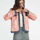 D-Sun Women's Floral Denim Jacket Long Sleeve Cropped Jacquard Jean Jacket Crewneck Button Down Casual Denim Fall Coats