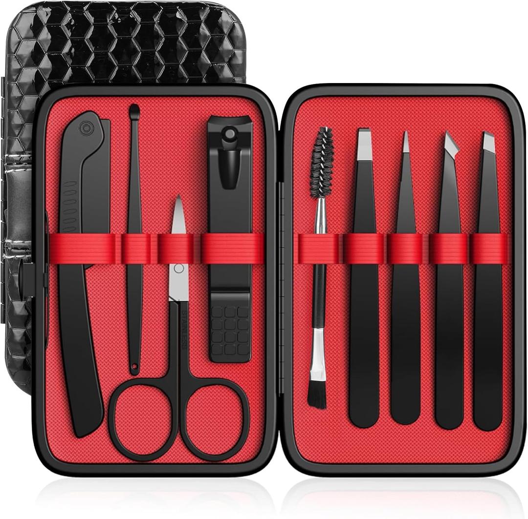 Tweezers Set, Hyxhappy 9 pcs Professional Stainless Steel Tweezers Kit for Facial Hair, Precision Plucker Eyebrow Tweezer Kit with Luxurious Travel Case as Stocking Stuffers Gifts for Women/men (Black and Red)