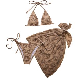 SOLY HUX Women's 3 Piece Swimsuits Print Halter Triangle Tie Side Bikini Bathing Suit with Cover Up Beach Skirt (Large, Brown)