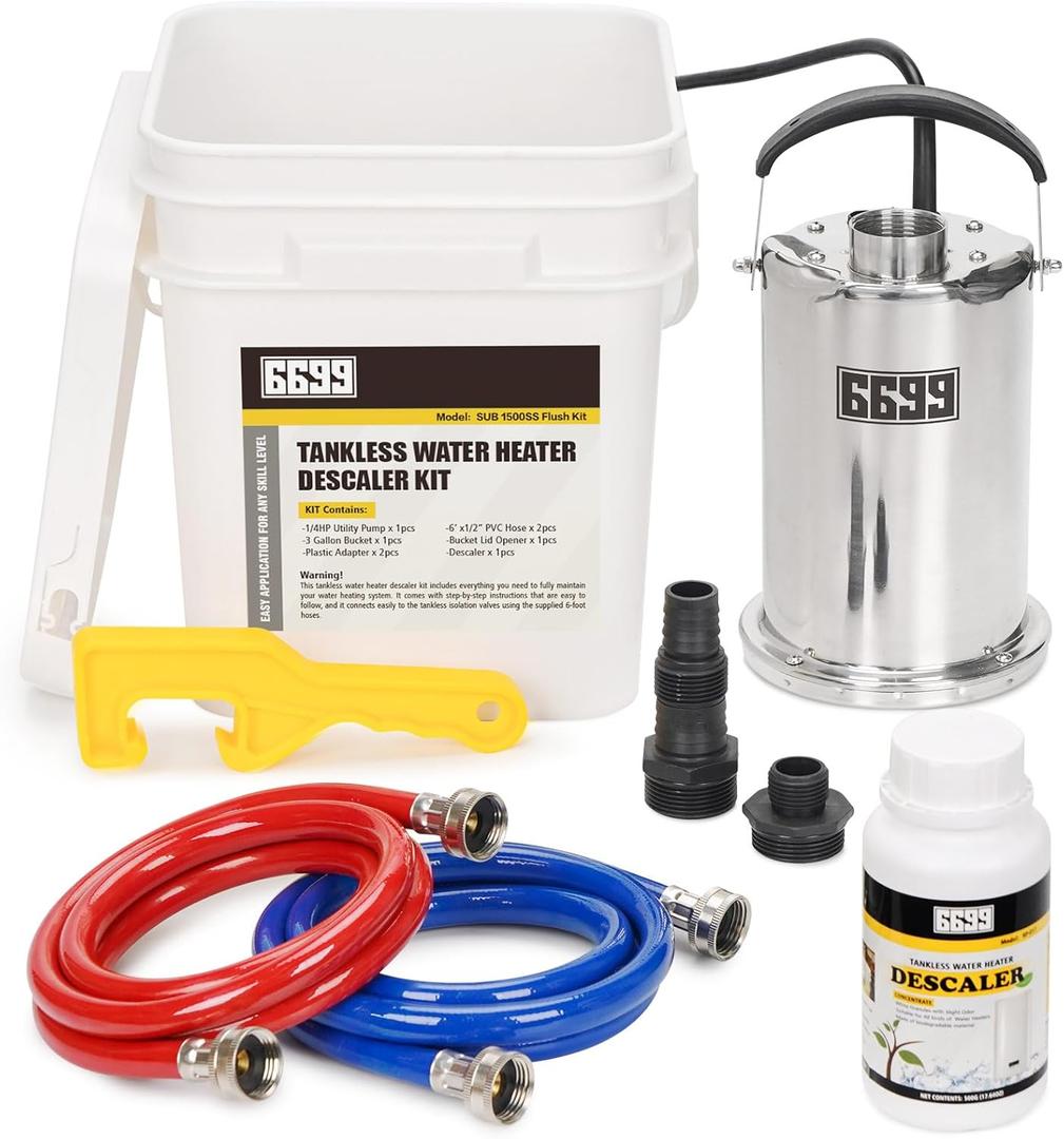 Tankless Water Heater Flushing Kit Includes 1500GPH Stainless Steel Pump with Two Adapters & Cleaner & 3 Gallons Pail with Bucket Lid Opener & Two 1/2 Dia X 6 Hoses SUB 1500SS Flush Kit