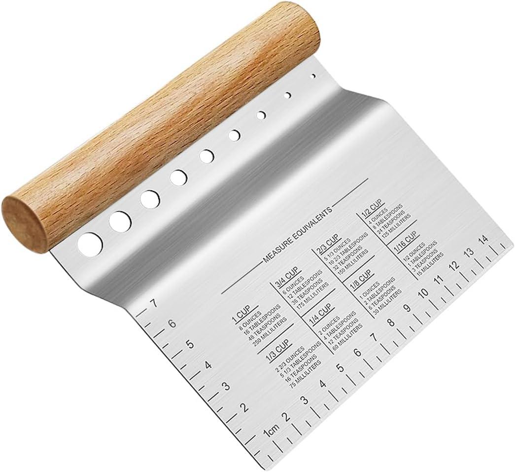 ALLTOP Dough Bench Scraper/Cutter/Chopper Stainless Steel Blade with Herb Stripper,Multipurpose Kitchen Pastry Tool with Scale Ruler - Leaf Remover - 1 Pack (Wooden)