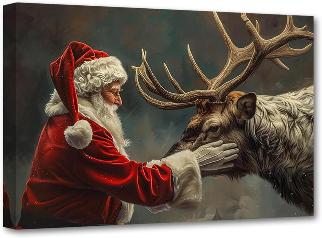 DOARTDO Santa Claus Wall Art Christmas Canvas Painting Vintage Santa Claus with Reindeer Pictures Print Winter Artwork Living Room Office Decor Frame (16.00" x 24.00") (Red)