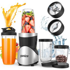 Ganiza Smoothie Blender, 900W Blenders for Shakes and Smoothies, 15-Piece Personal Blender and Grinder Combo for Kitchen, Smoothies Maker with 4 BPA-Free Portable Cup, Nutritious Recipe (Black)