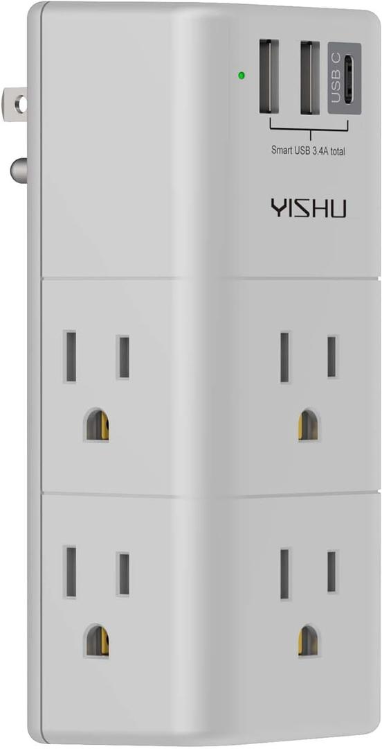 Multi Plug Outlet Surge Protector - YISHU Outlet Extender with Rotating Plug, 6 AC Outlets and 3 USB Ports, 3-Sided Swivel Power Strip Ideal Stocking Stuffers, Gray (Grey)