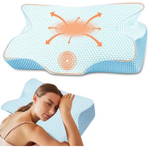 Anvo Cervical Pillow for Neck Pain Relief, Neck Pillows for Pain Relief Sleeping, Memory Foam Firm for Back and Shoulder Pain, Ergonomic Design for Side Back Stomach Sleeper, Queen Size Blue