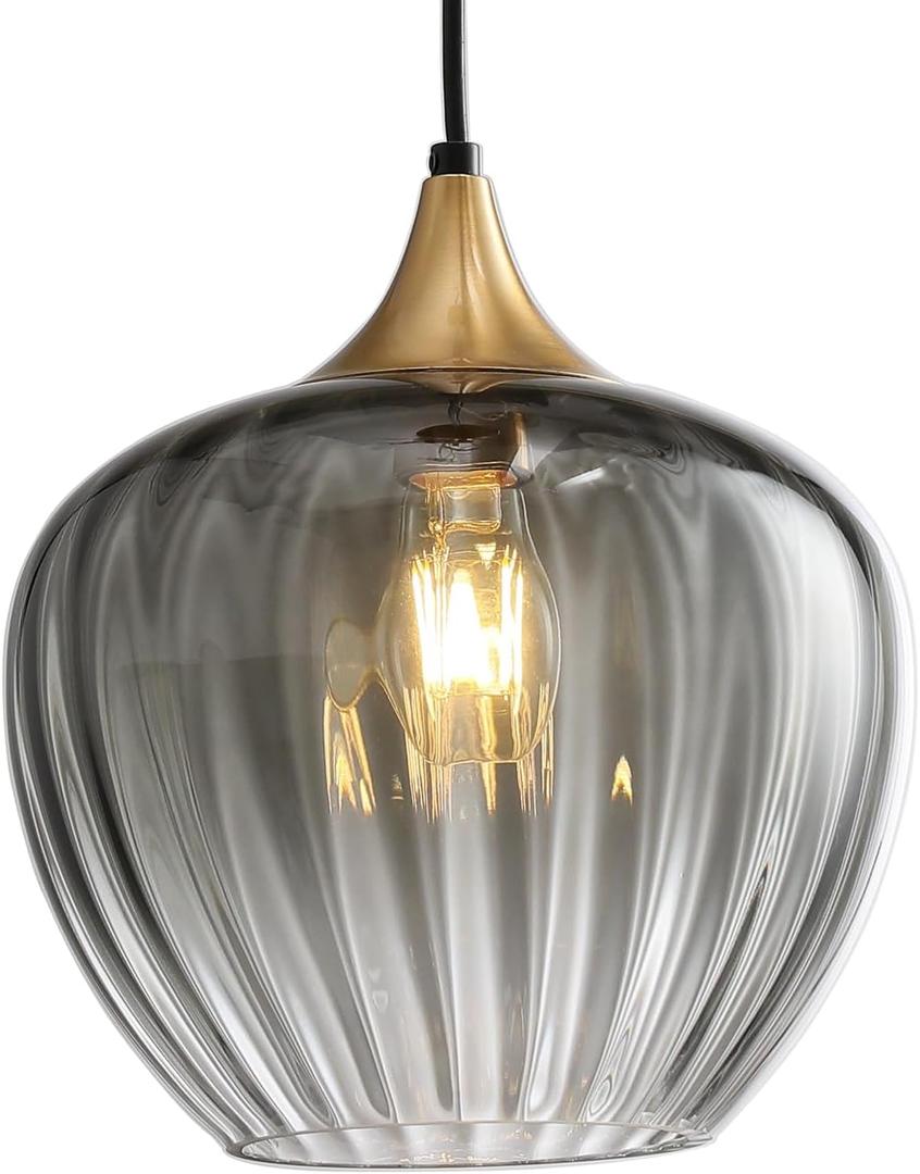 Glass Lampshade Pendant Light Kitchen Island, 9" Vintage Hanging Lamp Ceiling Lighting Fixture, Brushed Gold Modern Chandelier for Dining Room Restaurant Foyer Entryway (Smoke Grey)