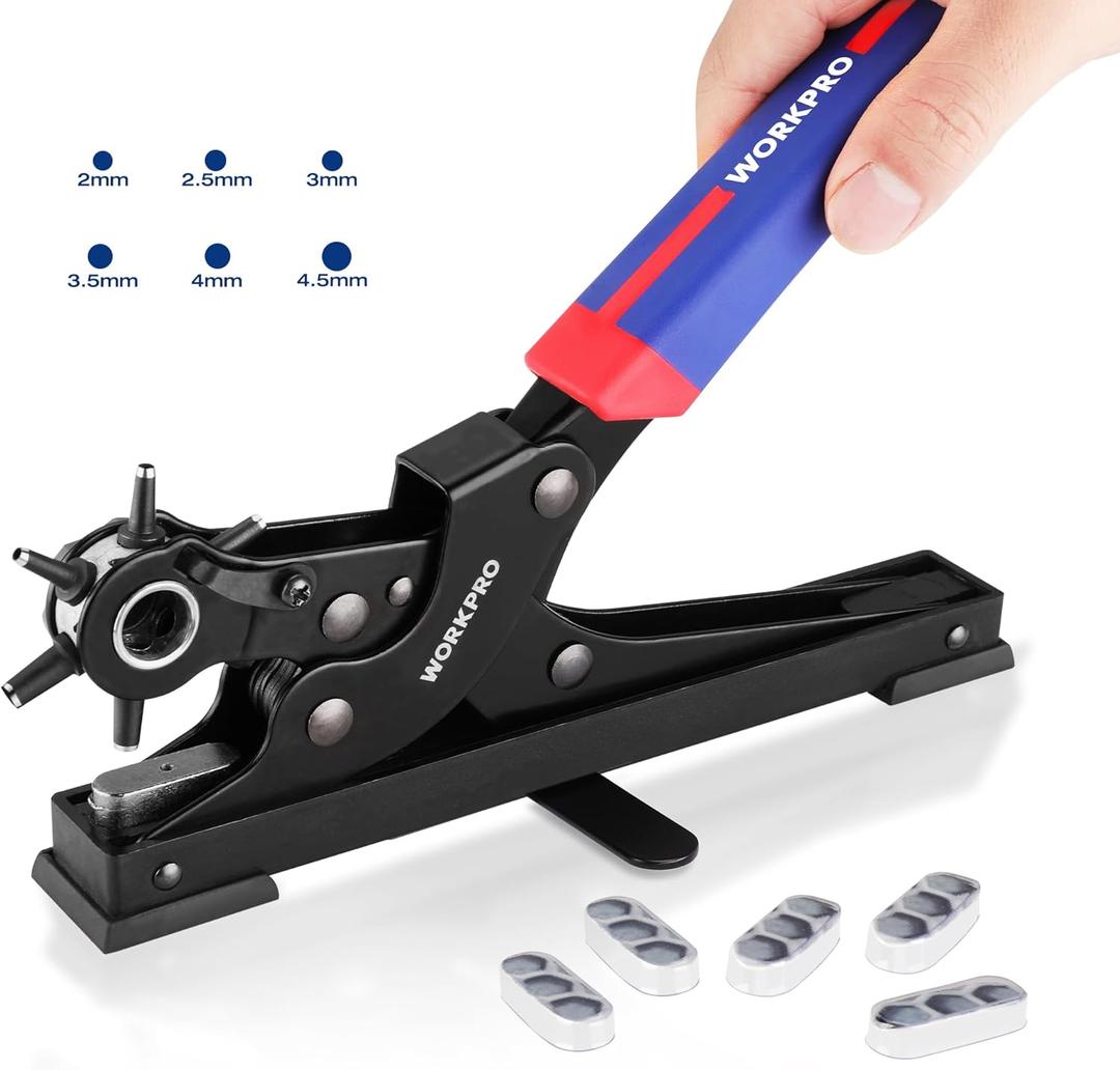 WORKPRO Desktop Leather Hole Punch Set, Rotary Belt Hole Puncher for Leather, 6 Punch Sizes, Heavy Duty Leather Hole Punch Tool for Leather Belts, Dog Collars, Watch Band, Saddles, Shoes, Home DIY