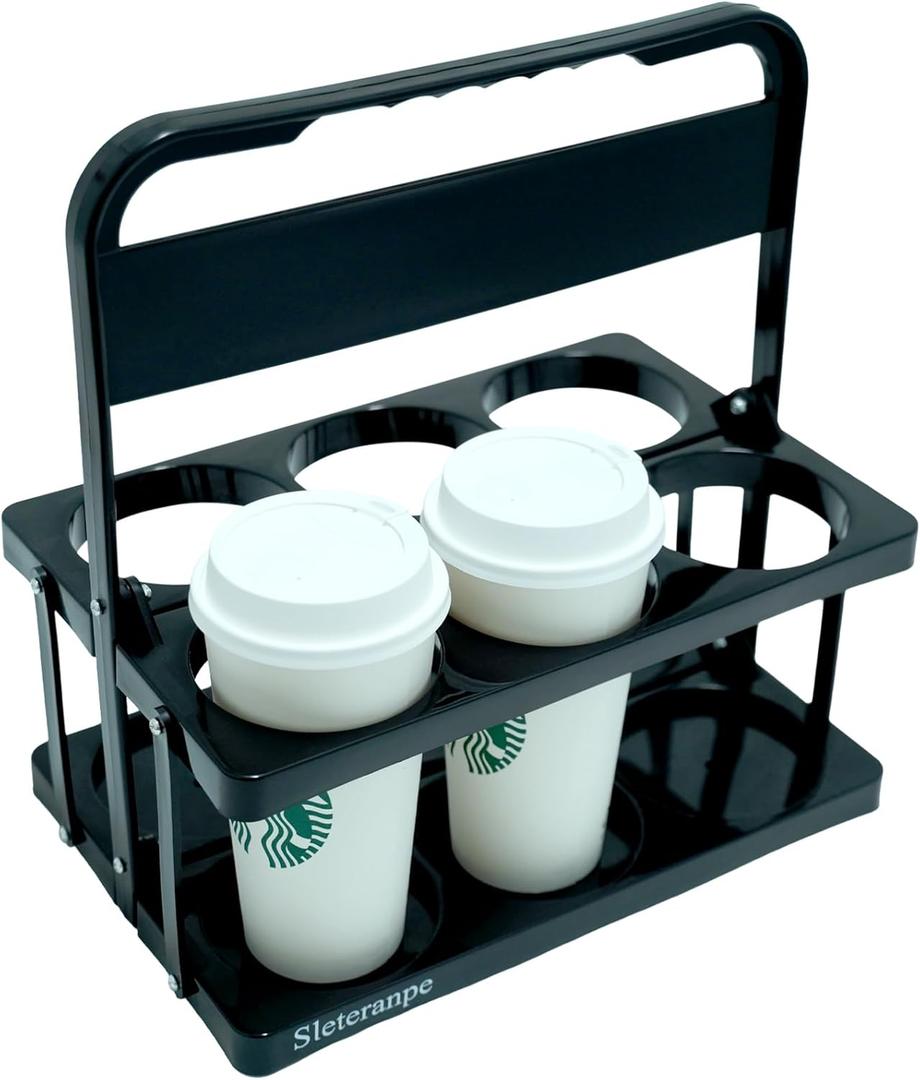 6-Cup Drink Carrier with Handle - Foldable Reusable Cup Holder for Large Drinks, Delivery Accessories for Doordash/Ubereats/Grubhub, Portable Beverage Carrier, Black