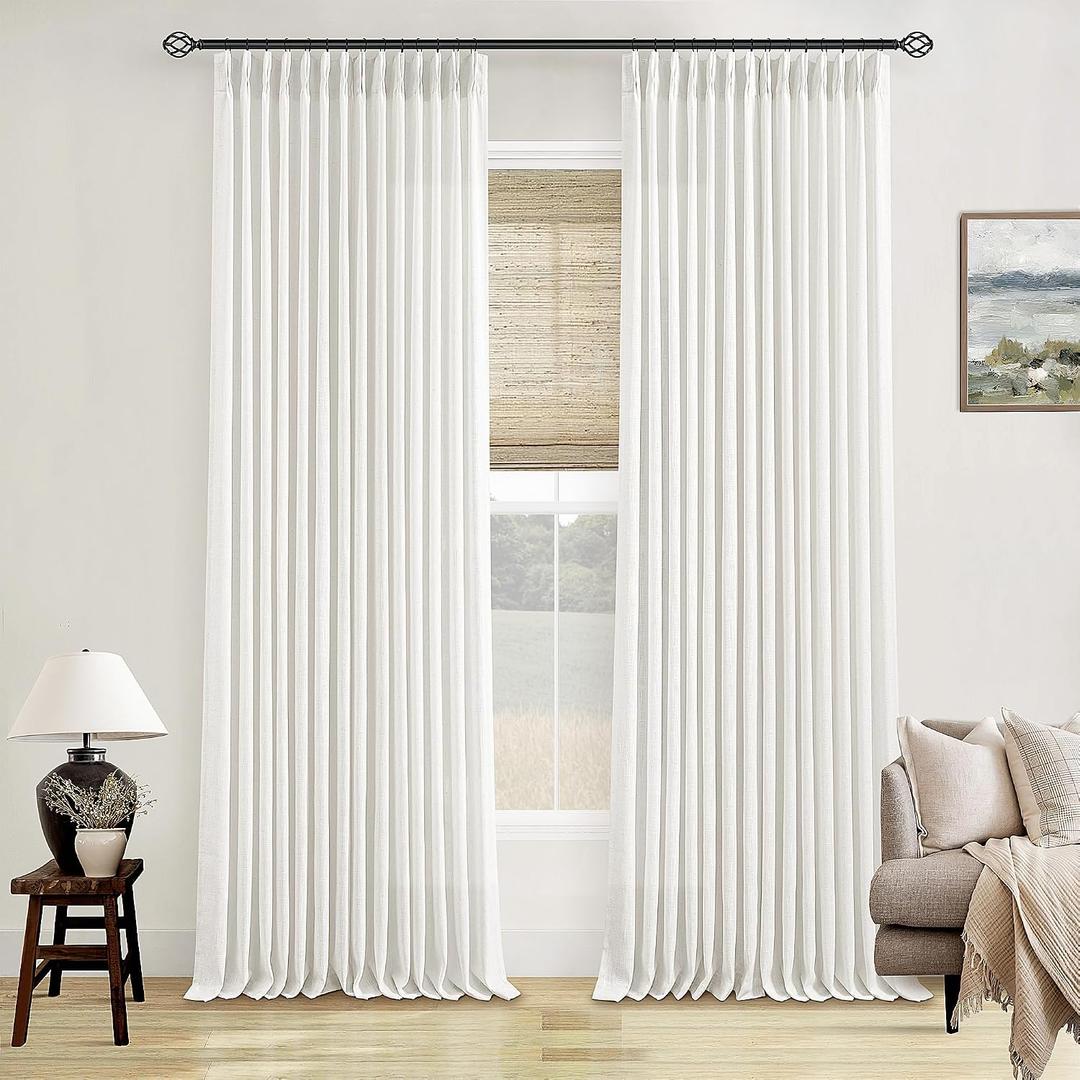 Off White Linen Curtains 102 Inches Long 2 Panels for Living Room Modern Thick Linen Flax Pinch Pleated Memory Trained Light Filtering Ceiling Semi Sheer Curtain with Hook Rings Ivory Beige White, 40"W x 102"L (Pack of 2)