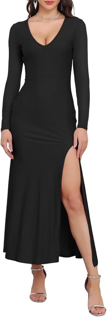 BWQ Women's 2025 Fall Long Sleeve Mesh Sheer Dress Bodycon Split Cocktail Wedding Guest Maxi Dresses (L)