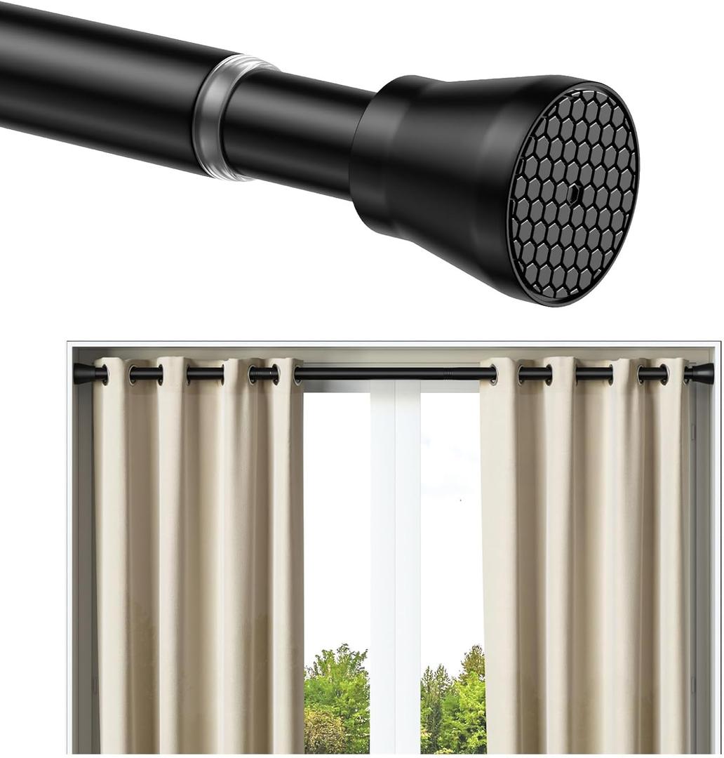 No Drill Tension Curtain Rod, 28-48 Inch Spring Tension Rods No Drilling Required, 7/8 Inch Extra Thick Adjustable Curtain Rods for Windows, Black Tension Rod for Kitchen Closet Doorway