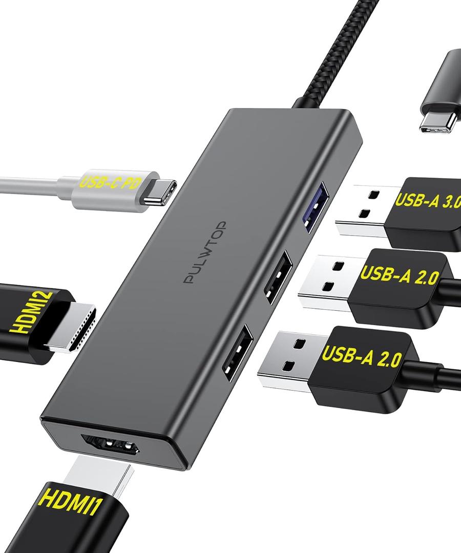 USB C Hub, USB Adapter with 1*USB-C 3.2, 2*USB 2.0, 2 *HDMI, 100W PD in, Multiport Dongle for MacBook Pro, MacBook Air, Dell and More, 6 IN 1 USB A
