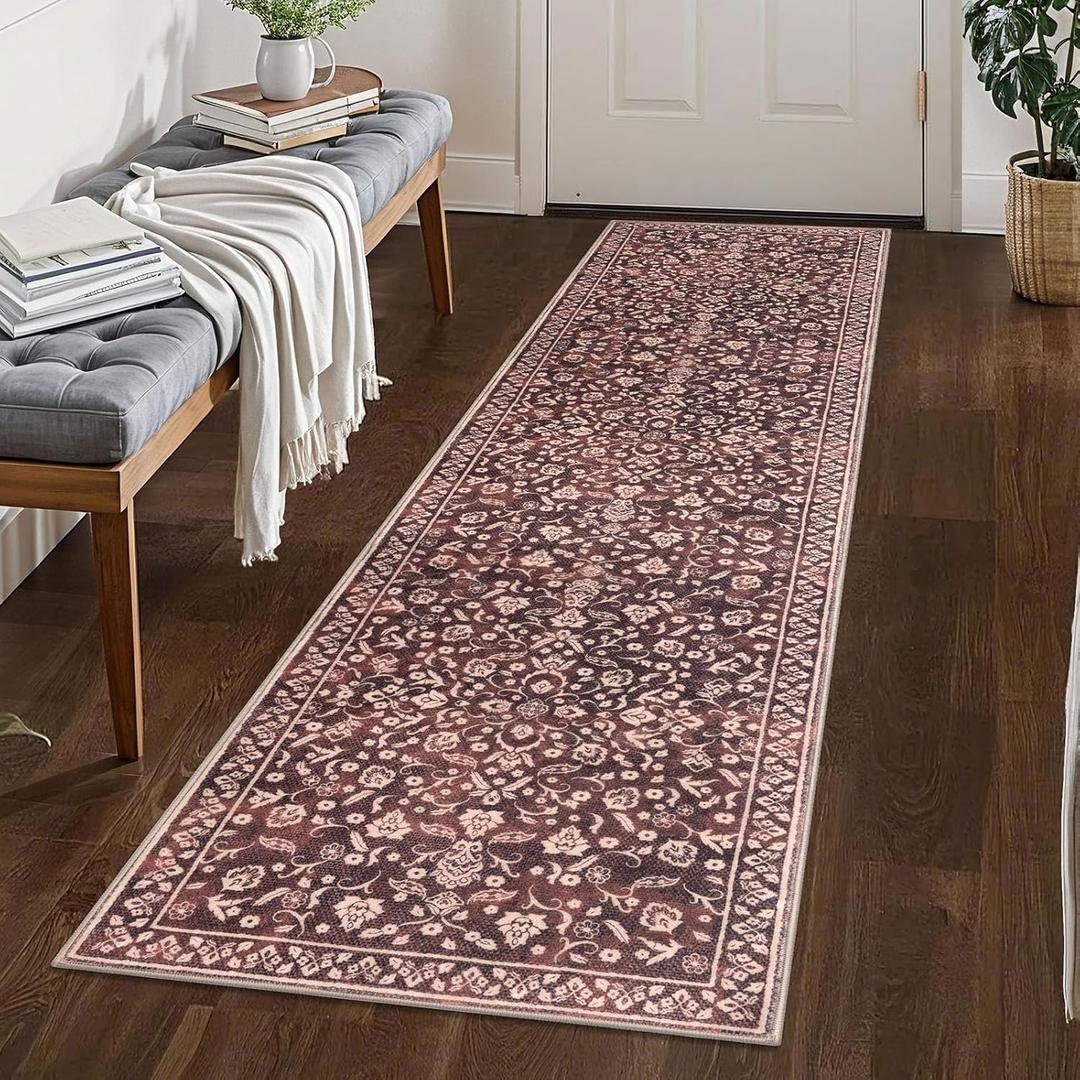 Vintage Washable 2x8 Runner Rug Non Slip, Burgundy Hallway Runner Rug, Super Soft Kitchen Runner Rug, Printed Faux Wool Thin Carpet Runner for Entryway Indoor Laundry Room Bedroom