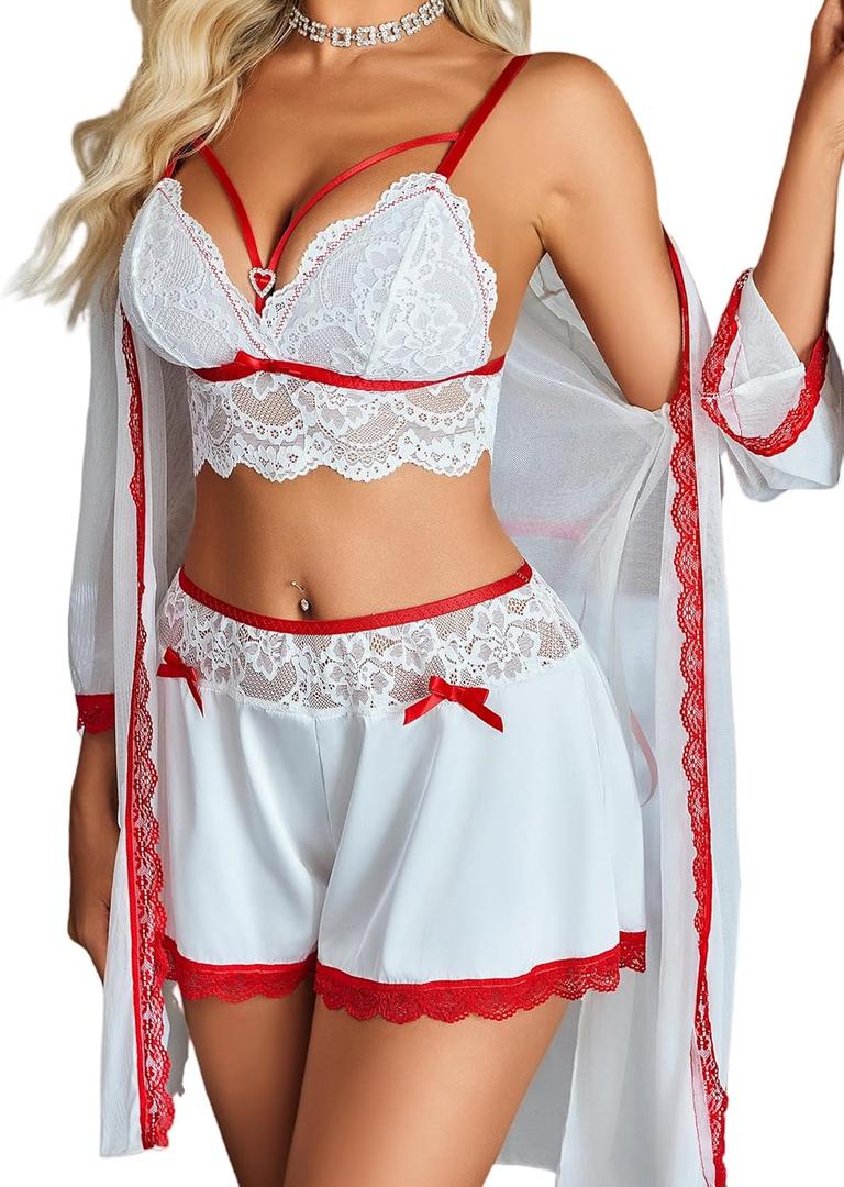 Avidlove Women Sexy Pajamas Set 3 Piece Lingerie Lace Cami Sleepwear and Silk Satin Pjs Sets with Mesh Kimono Robe (Small, White Mix Red)