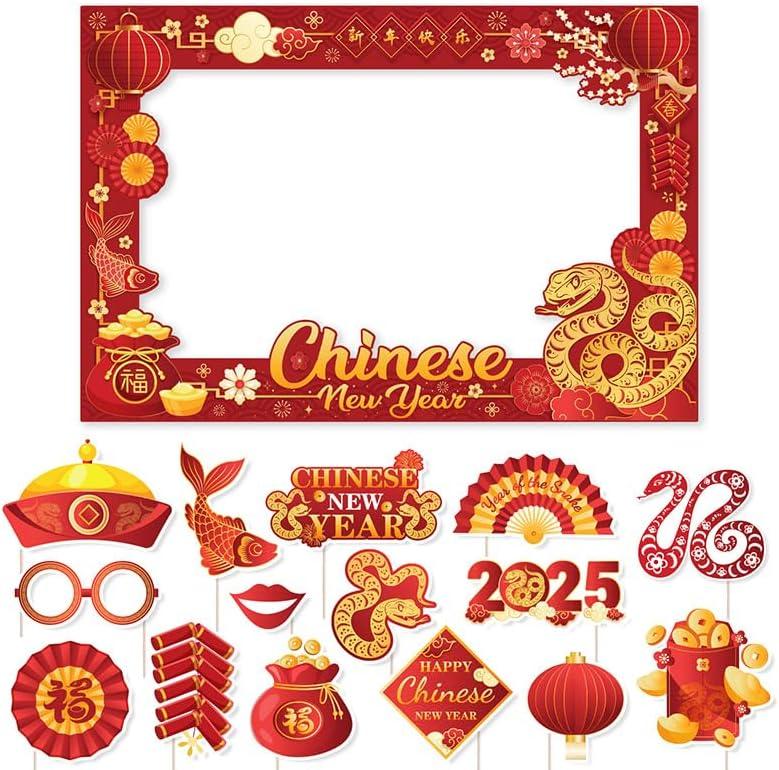 2025 Chinese New Year Photo Booth Props Frame, 16pcs Lunar New Year Spring Festival Photo Props Set with Sticks, Year of The Snake Party Decoration for Asian Chinese New Year Festival