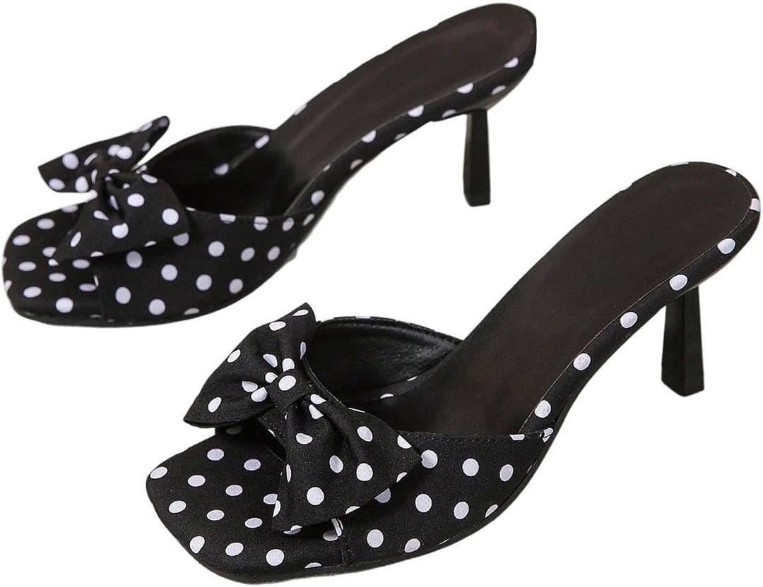 MakeMeChic Women's Polka Dots Bow Knot Heeled Sandals Square Toe Slide Shoes Black and White 7