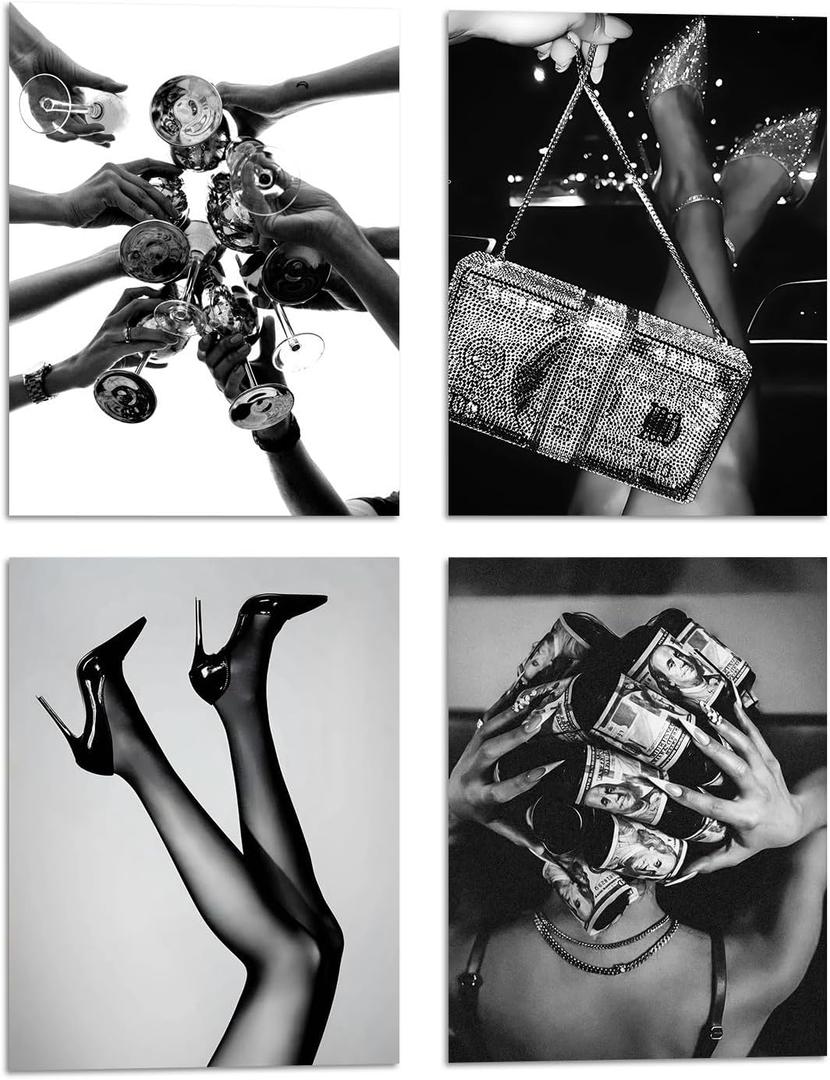4Pcs African American woman Prints Fashionable Women's Retro elegance Luxury Glamour Posters Modern picture Black and White canvas Wall Artwall decoration paintings 12x16 Inches Unframed