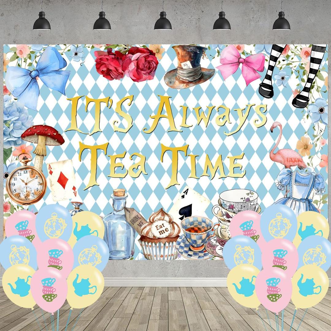 Wonderland Decorations Include Backdrop Ballons,Alice Party Photo Background 5 x 3 FT and Tea Balloon