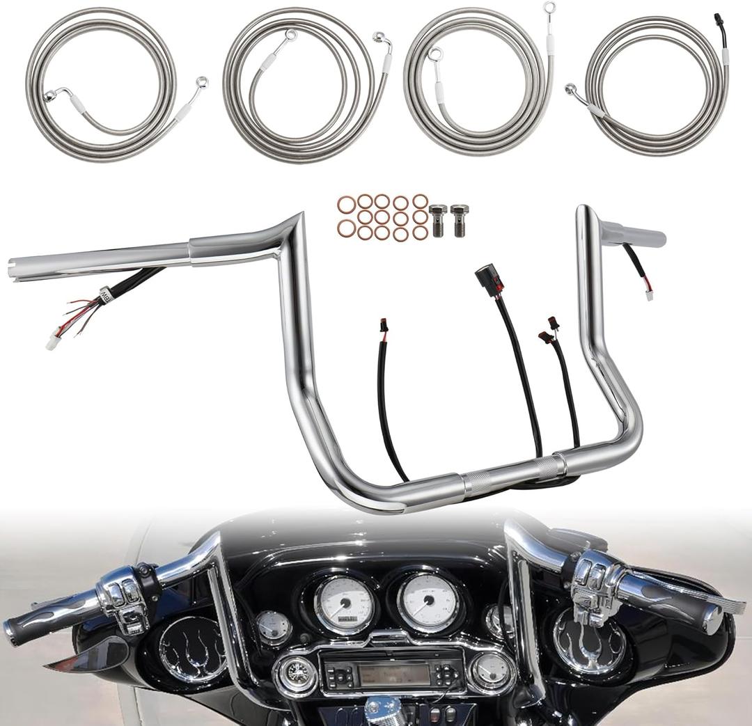 12" Rise Prewired Street Glide Handlebar 1.25" Fat Ape Hanger & Cables Kit for 2014-2015 Harley Touring Street Glide, Electra Glide, Ultra Limited, Chrome (No Heated Grip Wires)