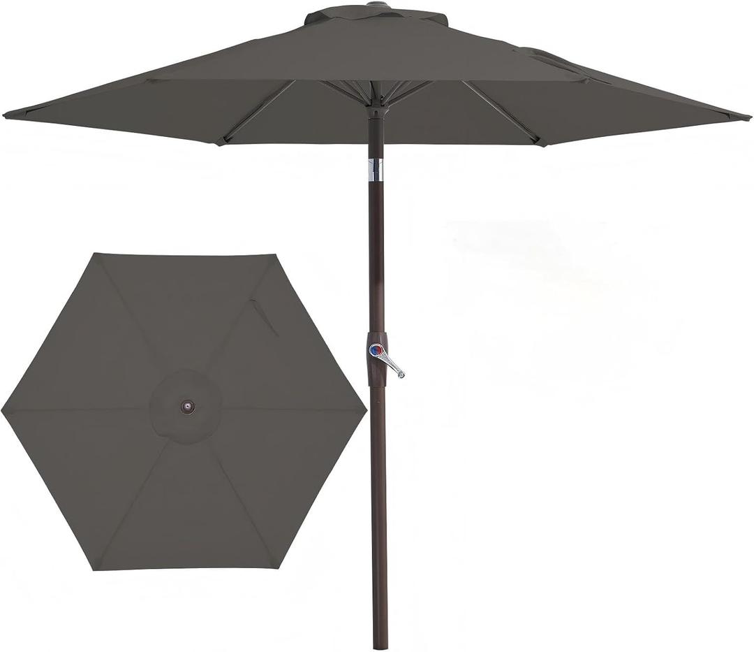 JEAREY 7.5FT Patio Umbrella Market Table Umbrella with 6 Sturdy Ribs, Push Button Tilt/Crank Outdoor Umbrella for Garden, Deck, Backyard, Pool and Beach,Gray