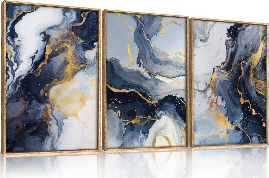 Abstract Navy Blue Framed Canvas Wall Art,Modern Gold Geometric Wall Decor,Vintage Ink Wash Painting,Neutral White Wave Artwork for Living Room,Bedroom,Dining Room,Office - 12"x16"x3