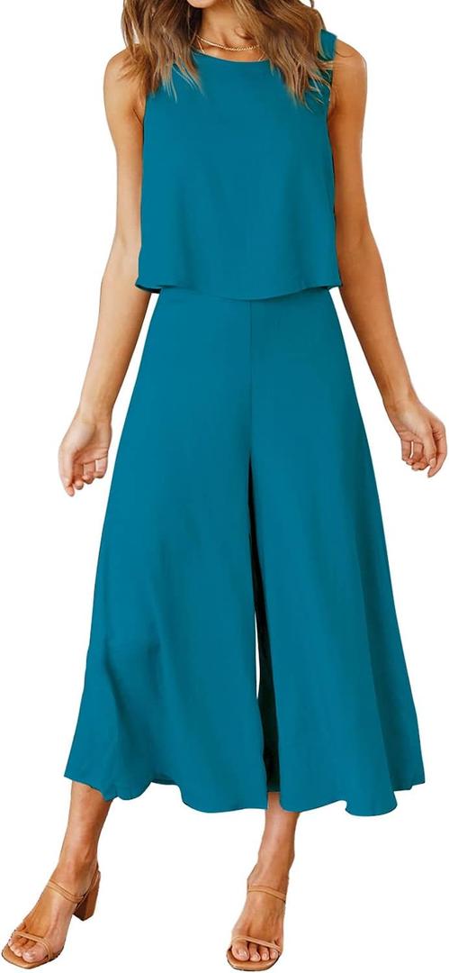 ROYLAMP Women's Summer 2 Piece Outfits Round Neck Crop Basic Top Cropped Wide Leg Pants Set Jumpsuits (Blue, M)