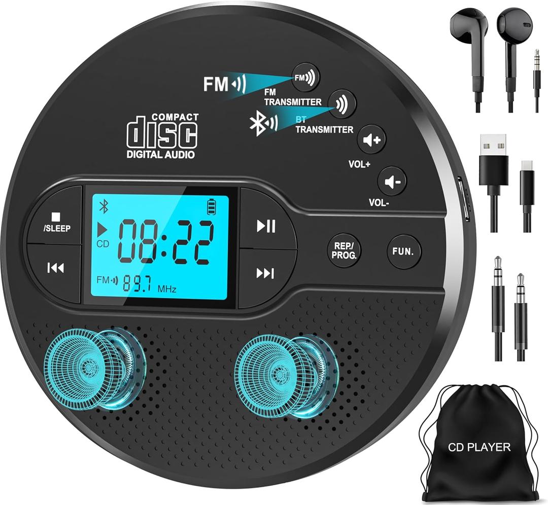Sunoony Portable CD Player with Bluetooth, Walkman CD Player with FM Transmitter and Speakers for Car, Rechargeable Discman with Anti-Skip Protection, Headphones, LCD Display (Black)