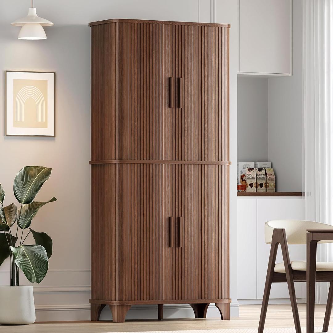 Decofy 69" Tall Kitchen Pantry Storage Cabinet with Sliding Door, Modern Curved Edge Pantry Storage Cabinet with 5 Shelves, Cupboard for the Kitchen, Dining Room, Bedroom, Living Room, Office (Walnut)