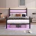 CLIBFENG Full Size Bed Frame with Headboard and Footboard,Steel Slats Support-LED Bed Frame with Charging Station,Mattress Foundation-Under Bed Storage, No Box Spring Needed,Noise Free,Black